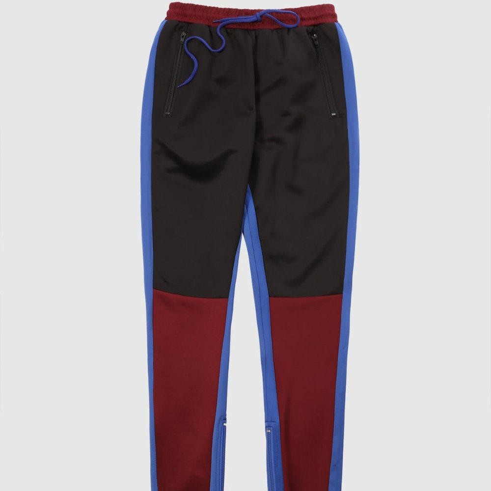 Men's Color Block 3-Tone Track Pants Burgundy Black Blue (J-29)